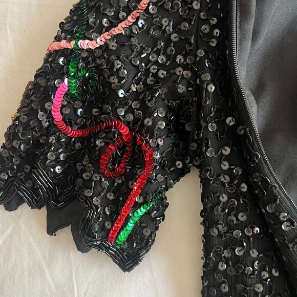 VTG Sz L Lawrence Kazar Silk Sequined New Years 2000 top shoulder pads y2k - Picture 9 of 16